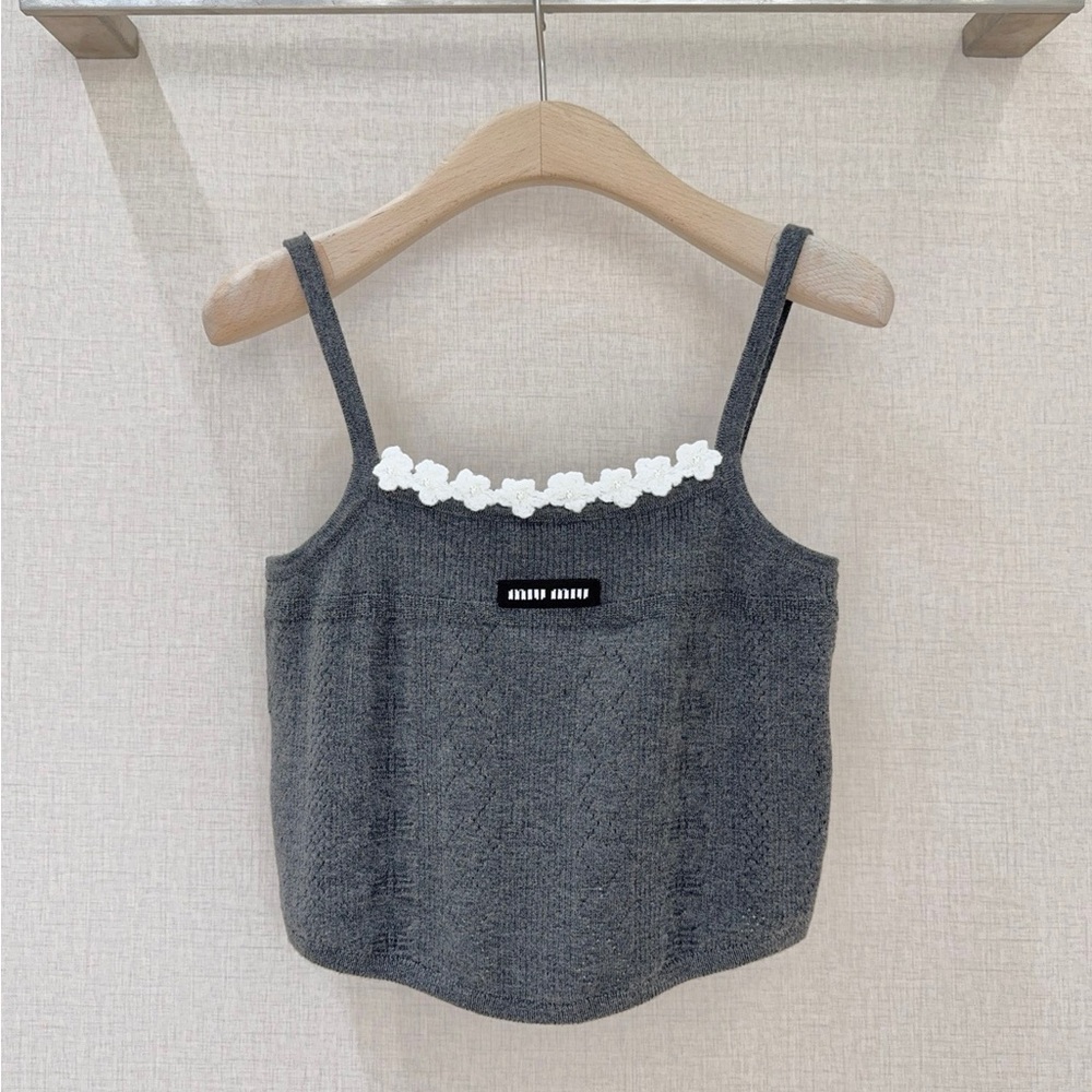Miu Miu Charcoal Knit Camisole with White Floral Trim